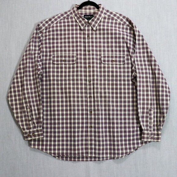 Eddie Bauer Plaid Shirt Mens 2XL Heavy Cotton Long Sleeve Button Up Burgundy - Picture 1 of 11